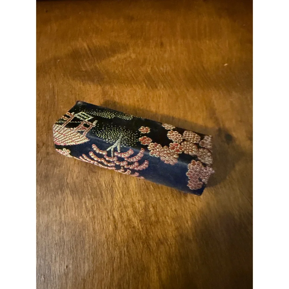 Vintage Black Brocade Lipstick Case with Mirror Floral‎ Red Gold Snap Closure